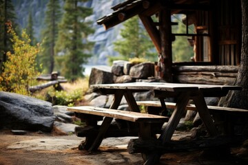 Fototapeta na wymiar A rustic picnic table in a mountain cabin