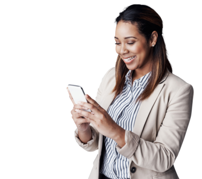 Happy woman, phone and typing for business, communication or networking on a transparent PNG background. Young female person or employee with smile on mobile smartphone for online chatting or texting