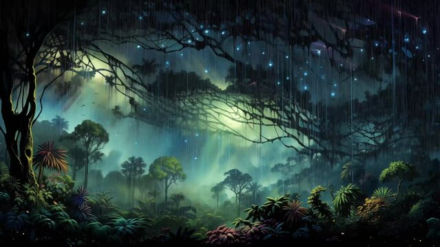 rainy forest canopy at night with each raindrop. nature background with night in the forest. seamless looping overlay 4k virtual video animation background 