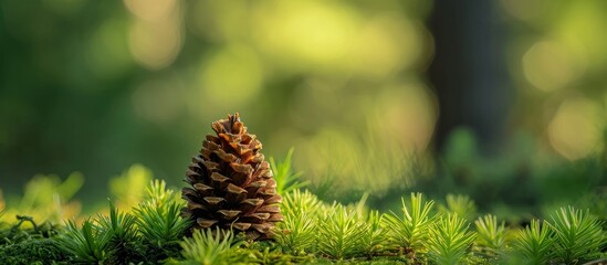 a pine cone is sitting on top of a pile of moss . High quality - Powered by Adobe