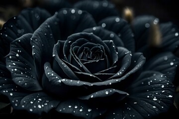 A mysterious and enchanting image of a black rose with its velvety petals, intricately captured in...