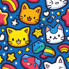 Funny cute cat doodles kawaii anime colorful repeat pattern 