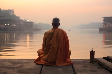 An old yogi was meditating on the bank of the Ganges River. It was quiet amidst the morning sunshine. Behind him is the view of Varanasi. It is a symbol of peace, tranquility and faith in Hinduism. - obrazy, fototapety, plakaty