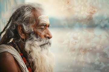 An old yogi was meditating on the bank of the Ganges River. It was quiet amidst the morning sunshine. Behind him is the view of Varanasi. It is a symbol of peace, tranquility and faith in Hinduism.