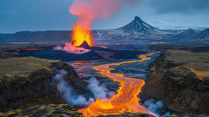 A mesmerizing scene as the volcano erupts, sending a river of molten lava cascading down its slopes.