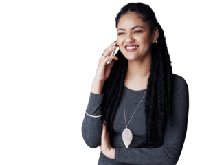 Professional woman, phone call and communication for negotiation, contract or deal at startup isolated on png transparent background. Contact, networking and b2b at consultancy agency with talk
