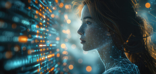 A woman sits at the control panel of a global trading system on the blockchain, analyzing a stream of market data consisting of digital charts. and numbers moving around it. Generative AI.