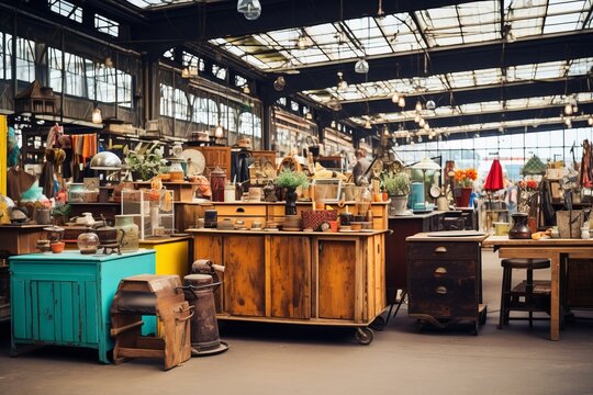 Old Market Stalls with Grungy, Colorful Wooden Counters Showcasing a Variety of Vintage Goods, Generative AI