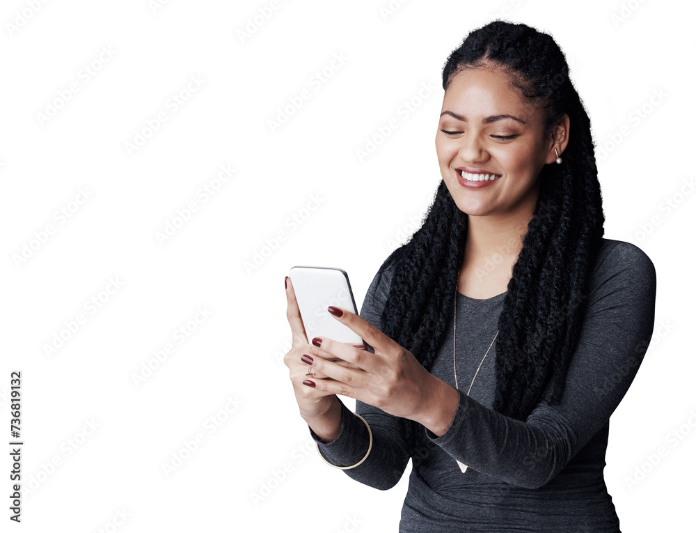 Poster business woman, smile and cellphone in office for text and social media for online networking. brazi