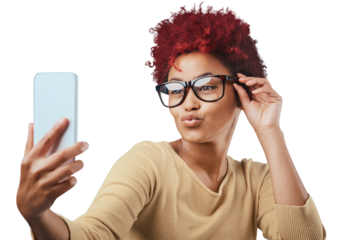 Fashion, selfie or trendy black woman with glasses, edgy style or cool clothes transparent png background. Person, picture post or isolated casual girl influencer in photo with eyewear or confidence