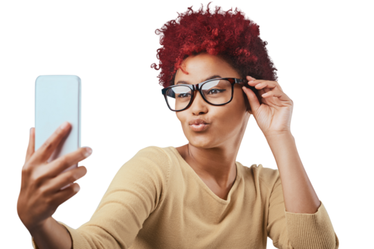 Fashion, selfie or trendy black woman with glasses, edgy style or cool clothes transparent png background. Person, picture post or isolated casual girl influencer in photo with eyewear or confidence - Powered by Adobe