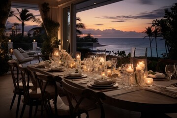 Elegant dinner setup with a view of the ocean
