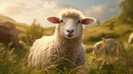 Obraz premium A young ram stands in a field. Agricultural industry.