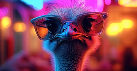 Fotobehang Funny ostrich wearing sunglasses, neon background. Generative AI. © visoot