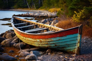 A Grungy, Colorful Wooden Rowboat Resting on the Shore, Telling Tales of Past Maritime Adventures,...
