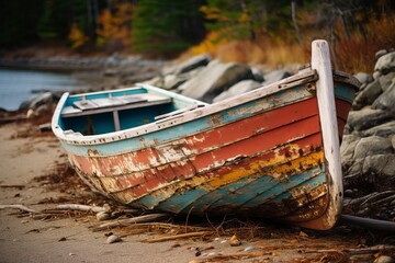 A Grungy, Colorful Wooden Rowboat Resting on the Shore, Telling Tales of Past Maritime Adventures,...