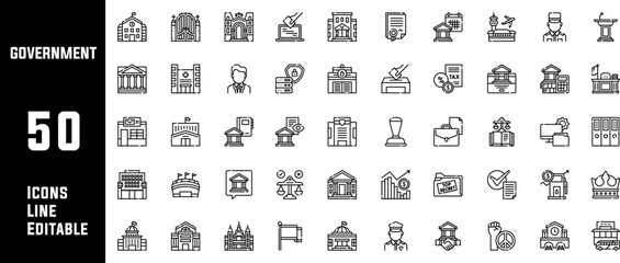 Corporate Governance Vector Line Icon Set. This Icon set consists of Government Building, Compliance, Law, Procedure, and so on