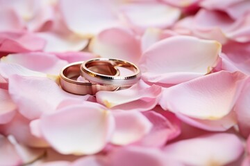 Wedding rings on a bed of fragrant pink rose petals