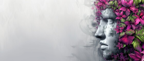 a digital painting of a woman's face with pink flowers on her head and behind her is a painting of a woman's face.