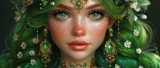 a digital painting of a woman with green hair and flowers in her hair, wearing a tiara and jewelry.