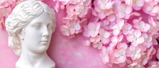 a white statue of a woman next to a pink wall with a bunch of pink flowers hanging from it's sides.