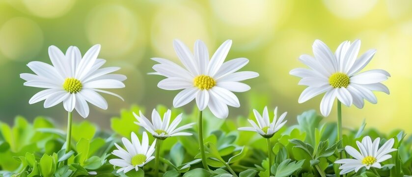 three white daisies with green leaves in the foreground and a yellow center in the middle of the picture.