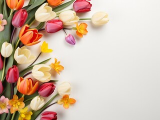 Fototapeta na wymiar Colorful tulips with white background and blank text space