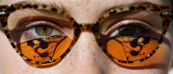 a close up of a person wearing a pair of glasses with a butterfly on the side of the lens of the woman's eye.