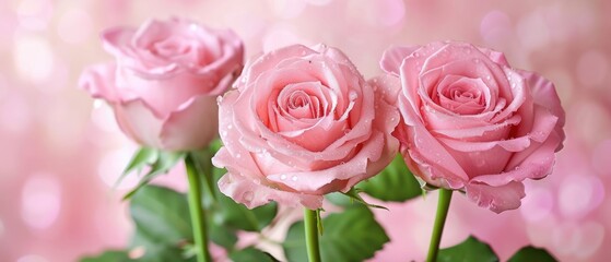 three pink roses are in a vase with water droplets on the petals and a pink boke of light in the background.