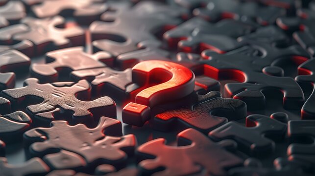 Striking red question mark on black puzzle pieces. concept of challenge and problem-solving. stylish and modern. AI