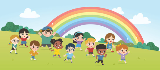 Happy Kids are walking on the park and rainbow background. Children's activities.