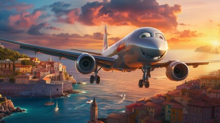 Cartoon airplane with big eyes flies low over a sunset city. A smiling airplane flies above a colorful city near the water.
