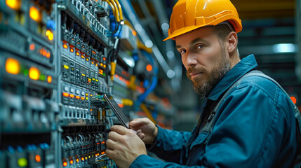 Technician working on control panel in factory. Selective focus