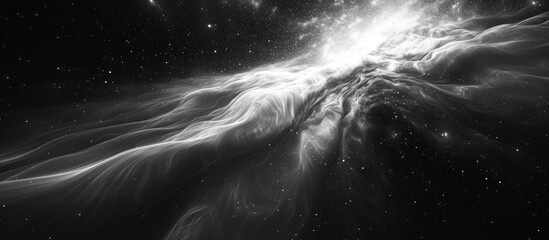A monochrome image of a nebula in space resembling a cumulus cloud floating in the vast darkness of the universe