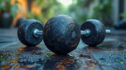 Dumbbells on the floor in a gym, close-up. Selective focus