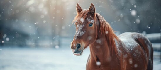 Gorgeous chestnut pony in winter snow.