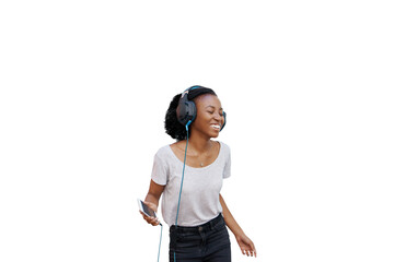 Woman, phone and listening to music with headphones for relax, happiness or sound with podcast and radio. African girl, person and face with smile for streaming isolated on png transparent background