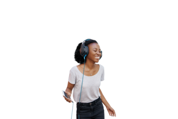 Woman, phone and listening to music with headphones for relax, happiness or sound with podcast and radio. African girl, person and face with smile for streaming isolated on png transparent background