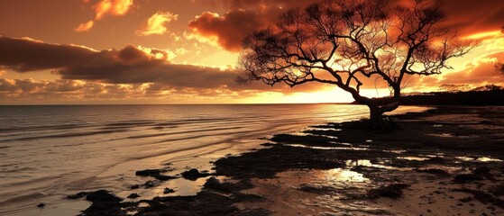 a tree sitting on top of a beach next to a body of water with a sky filled with clouds in the background.