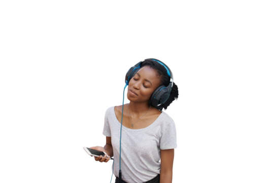 Happy, black woman and music in headphones with phone to relax with podcast on transparent or png background. Isolated, girl and person listening to hip hop, audio or streaming radio dj with tech