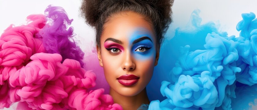 a woman with a blue and pink make - up on her face and a pink and blue smoke behind her.