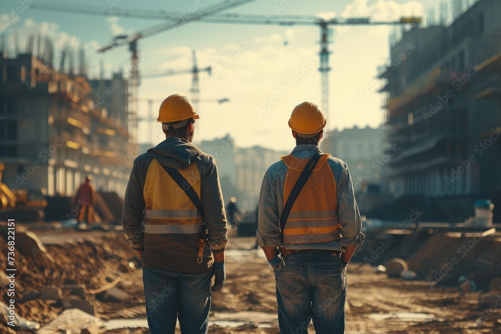 Poster Back view of workers at a construction site. Generative AI.