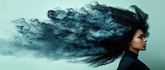 a woman with her hair blowing in the wind with smoke coming out of her face and her hair blowing in the wind.