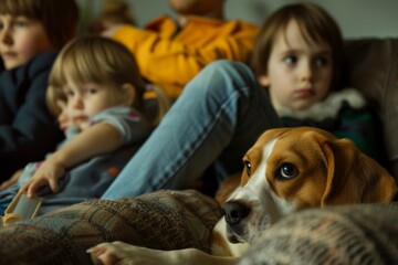 Group of Children and Dog Sitting on Couch. Generative AI.
