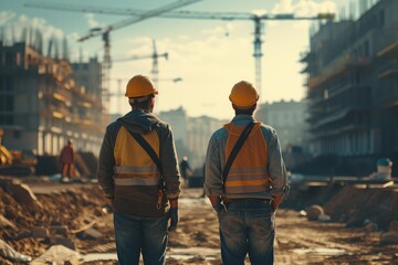 Back view of workers at a construction site. Generative AI.