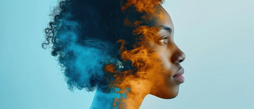 a close up of a woman's face with a cloud of orange and blue smoke coming out of her face.