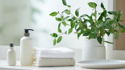 White bottles of soap or shampoo on the table in the bathroom. White cotton towels are stacked. Stylish interior and hygiene items. - obrazy, fototapety, plakaty
