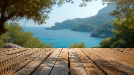 Empty wooden table top with blurred nature background. Calm sunny day in nature with sea and mountain view. Generative AI.
