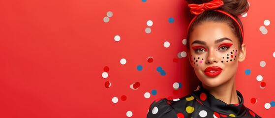 a woman with polka dots on her face and a red background with confetti on her cheek and a bow in her hair.