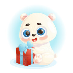 Cute happy polar bear cub with gift. Cartoon animal character. Vector illustration. Kids collection. Polar Bear Day.